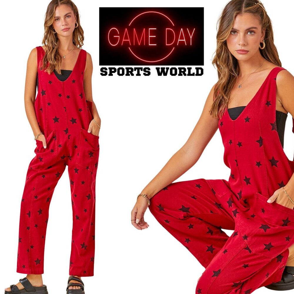 RED & BLACK Star Print One-Piece College Pro Fan GAMEDAY DENIM Onesie Jumpsuit